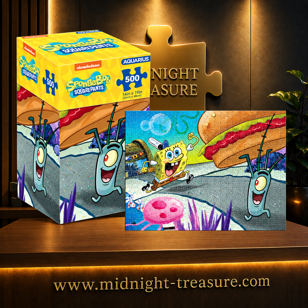 Puzzle Bob l’éponge – Plankton – 500 pièces Aquarius – 35 x 48 cm. Illustration colorée montrant Bob l’éponge et Plankton à Bikini Bottom devant un gigantesque Krabby Patty.