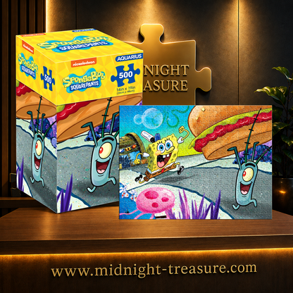 Puzzle Bob l’éponge – Plankton – 500 pièces Aquarius – 35 x 48 cm. Illustration colorée montrant Bob l’éponge et Plankton à Bikini Bottom devant un gigantesque Krabby Patty.