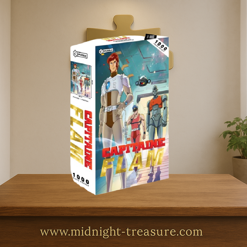 Puzzle Capitaine Flam – 1000 pièces – 48 x 68 cm – Poster inclus. Illustration du Capitaine Flam avec Mala et Crag dans un décor spatial rétro-futuriste. Puzzle collector idéal pour les fans de la série.