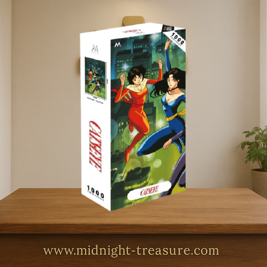 Puzzle Cat’s Eye – 1000 pièces – 48 x 68 cm – Poster inclus. Illustration des sœurs Kisugi en tenue iconique dans une ville nocturne. Puzzle collector officiel.