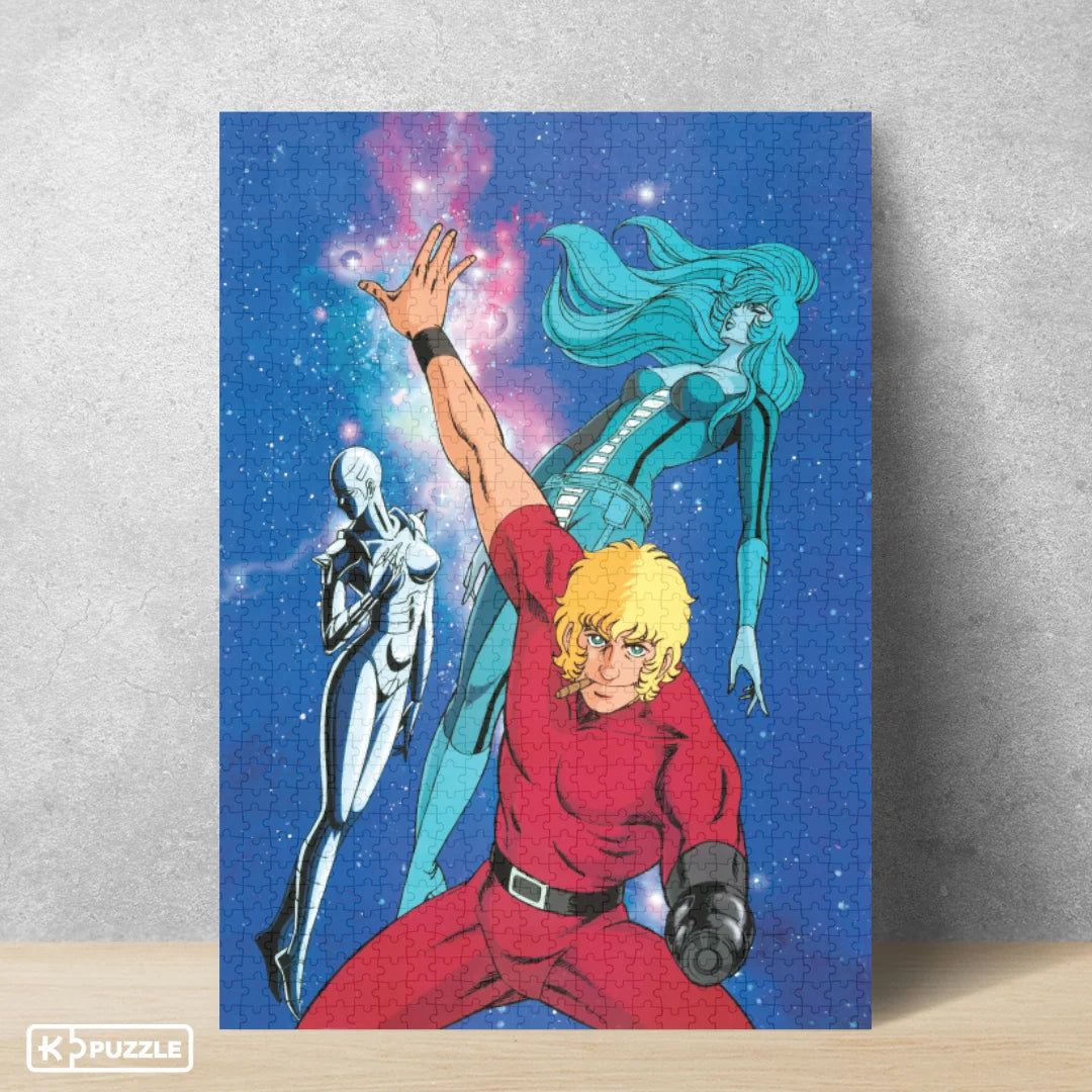 Puzzle Cobra – Space Adventure – 1000 pièces – 48 x 68 cm – Poster inclus. Illustration rétro du héros Cobra et de son androïde Armanoïde. Puzzle collector officiel.