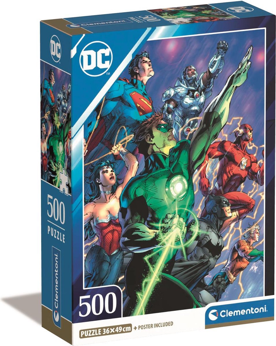 Puzzle DC Comics – Justice League 2 – 500 pièces – 36 x 49 cm – Clementoni. Les héros de DC unis : Superman, Wonder Woman, Batman, Flash, Green Lantern, Cyborg et Aquaman. Un puzzle collector épique pour les fans de comics.