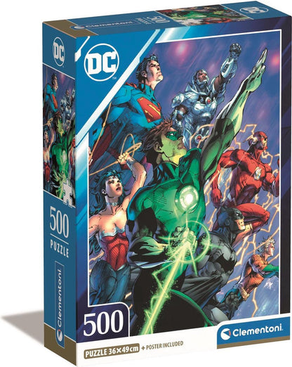 Puzzle DC Comics – Justice League 2 – 500 pièces – 36 x 49 cm – Clementoni. Les héros de DC unis : Superman, Wonder Woman, Batman, Flash, Green Lantern, Cyborg et Aquaman. Un puzzle collector épique pour les fans de comics.