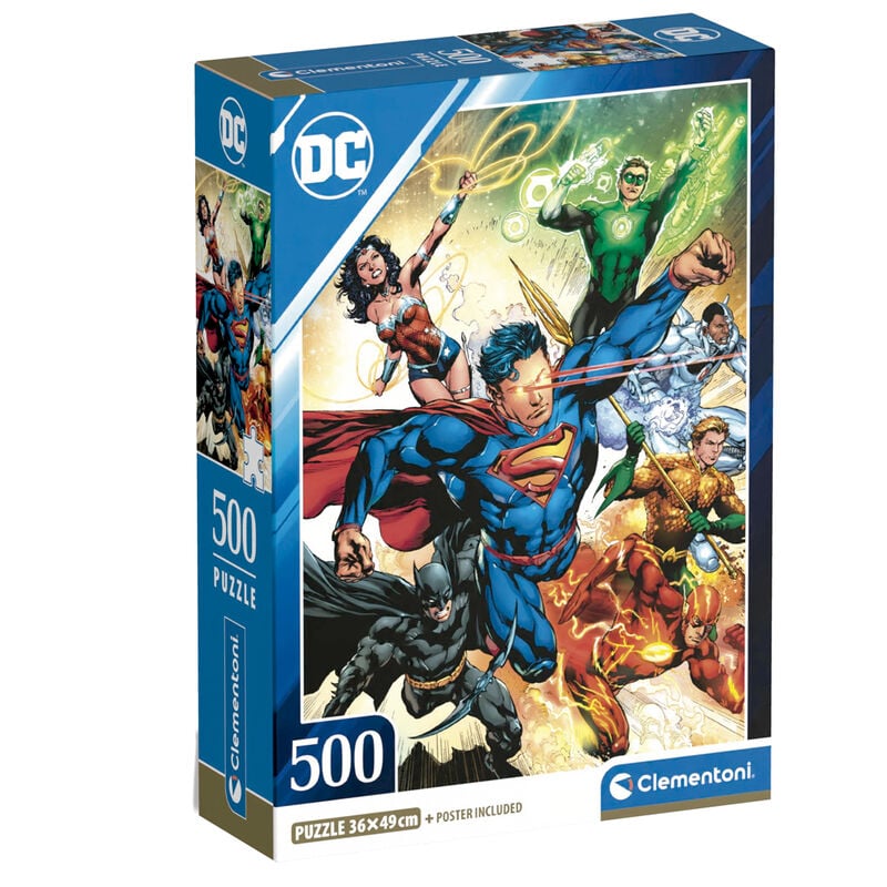 Puzzle DC Comics – Justice League – 500 pièces – 49 x 36 cm – Clementoni. Illustration épique avec Superman, Batman, Wonder Woman, Flash, Aquaman, Green Lantern et Cyborg. Un puzzle collector parfait pour les fans de DC.