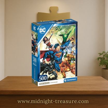 Puzzle DC Comics – Justice League – 500 pièces – 49 x 36 cm – Clementoni. Illustration épique avec Superman, Batman, Wonder Woman, Flash, Aquaman, Green Lantern et Cyborg. Un puzzle collector parfait pour les fans de DC.