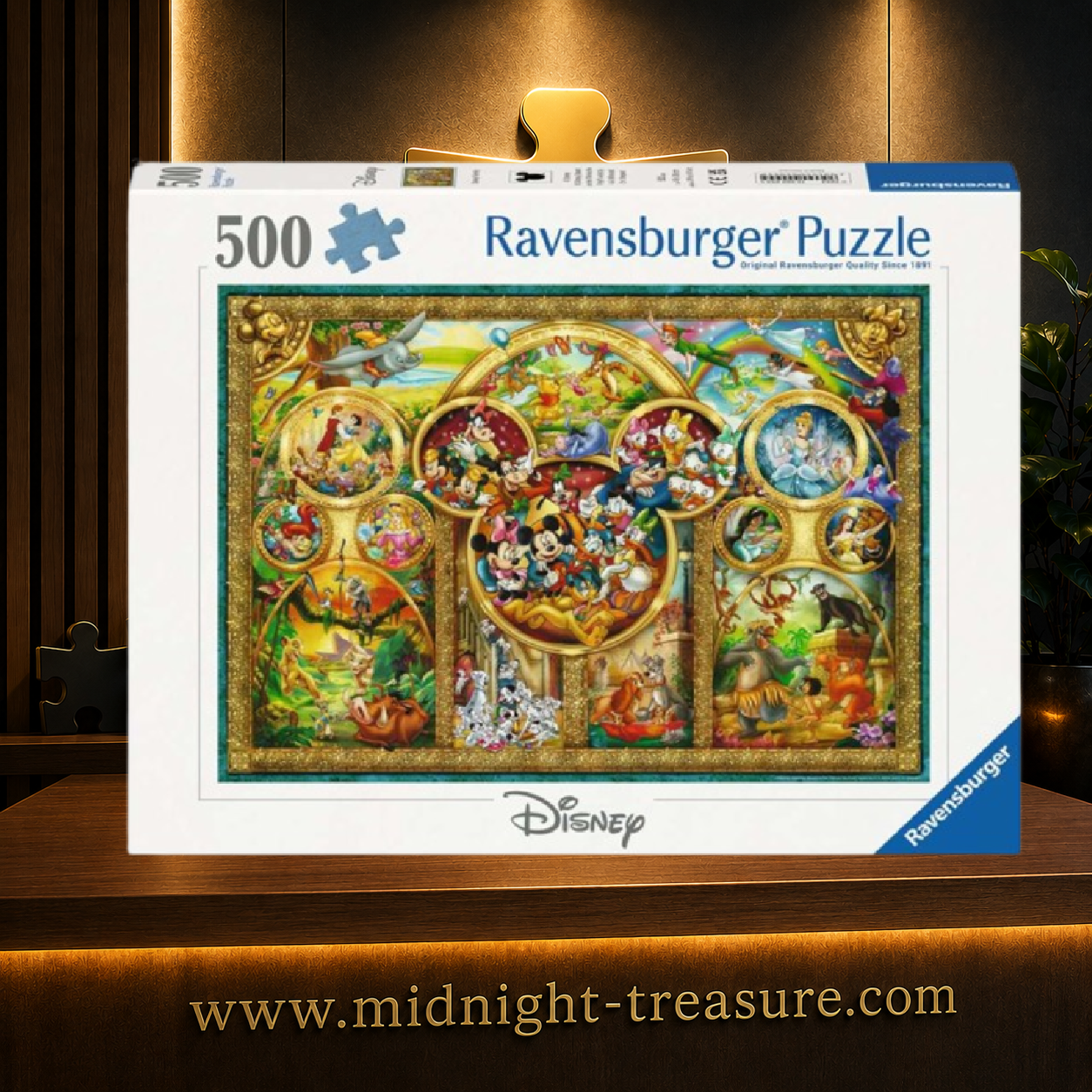 Puzzle Disney Famille Disney – 500 pièces – 49 x 36 cm. Illustration officielle Ravensburger réunissant Mickey, Minnie, Donald, Daisy, Dingo, Pluto et de nombreux personnages des grands classiques Disney comme Le Roi Lion, Peter Pan, Dumbo, Cendrillon et Blanche-Neige.
