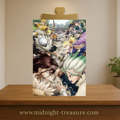 Puzzle Dr. Stone – The War Begins – 1000 pièces – 51 x 74 cm. Senku et Tsukasa face à face avec leurs équipes respectives, illustrant la guerre des idéologies. Un puzzle immersif parfait pour les fans de Dr. Stone.


