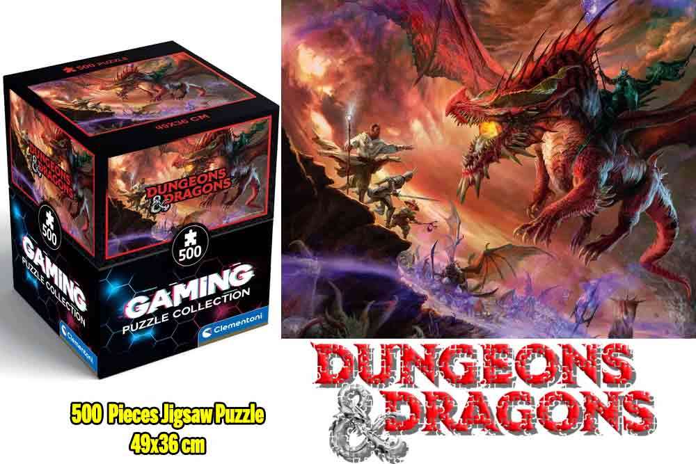 Puzzle Donjons & Dragons – Kansaldi sur Dragon Rouge – 500 pièces – 49 x 36 cm – Clementoni. Illustration épique d’un héros affrontant un dragon rouge. Un puzzle collector parfait pour les fans de fantasy.