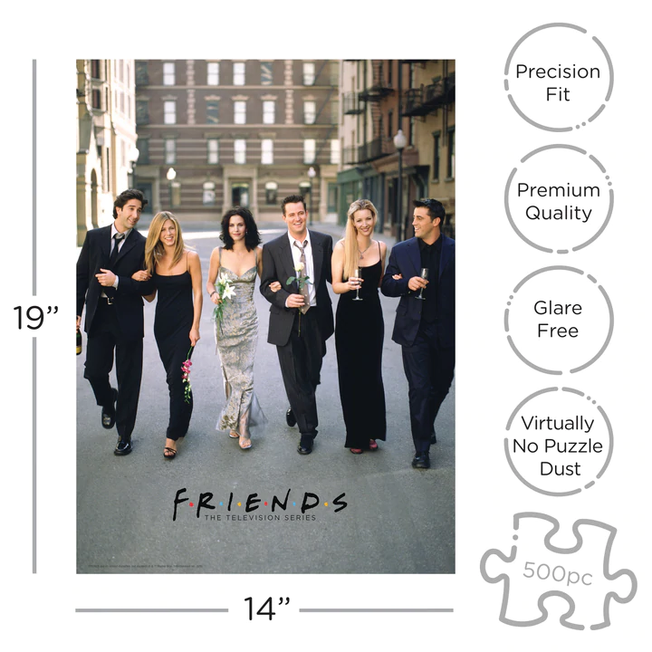 Puzzle Friends – Marriage – 500 pièces – 35 x 48 cm – Aquarius. Les six personnages principaux de la série culte réunis dans une scène iconique. Un puzzle collector incontournable pour les fans de la sitcom.