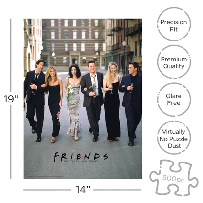 Puzzle Friends – Marriage – 500 pièces – 35 x 48 cm – Aquarius. Les six personnages principaux de la série culte réunis dans une scène iconique. Un puzzle collector incontournable pour les fans de la sitcom.
