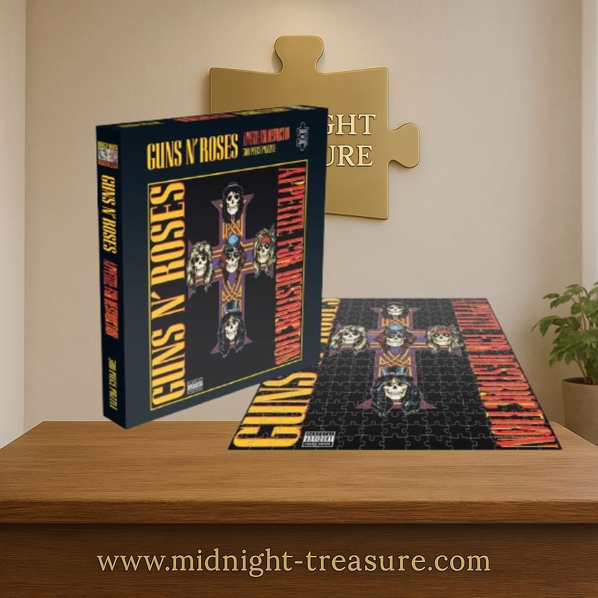 Puzzle Guns N' Roses Appetite For Destruction – 500 pièces – 41 x 41 cm. Reproduction officielle de la célèbre pochette d'album avec la croix iconique et les cinq crânes représentant les membres du groupe de hard rock.