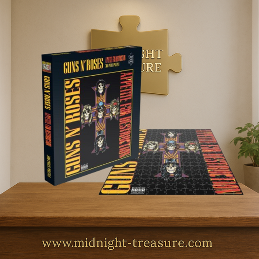 Puzzle Guns N' Roses Appetite For Destruction – 500 pièces – 41 x 41 cm. Reproduction officielle de la célèbre pochette d'album avec la croix iconique et les cinq crânes représentant les membres du groupe de hard rock.