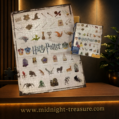Puzzle Harry Potter Icons – 1000 pièces Aquarius – 71 x 51 cm. Illustration façon planche de collection réunissant les blasons des quatre maisons de Poudlard et de nombreux objets, créatures et symboles emblématiques de la saga Harry Potter.