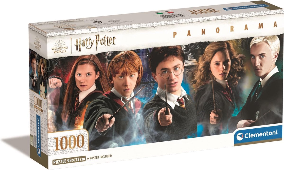 Puzzle Harry Potter – Panorama – 1000 pièces – 98 x 33 cm – Clementoni. Harry, Hermione, Ron, Ginny, Luna et Drago réunis dans une scène magique. Un puzzle collector parfait pour les fans du Wizarding World.