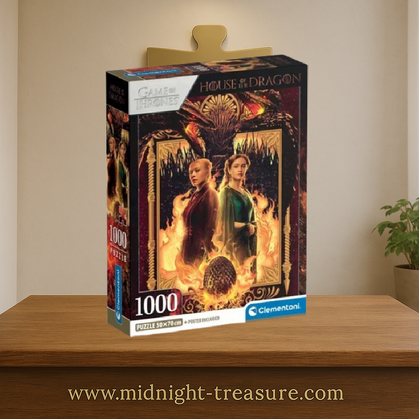 Puzzle House of the Dragon – Rhaenyra et Alicent – 1000 pièces – 50 x 70 cm – Clementoni. Illustration avec Rhaenyra Targaryen et Alicent Hightower séparées par les flammes, deux dragons rugissants et un œuf Targaryen en feu. Un puzzle collector épique pour les fans de Game of Thrones.
