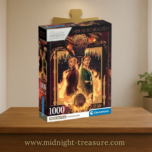 Puzzle House of the Dragon – Rhaenyra et Alicent – 1000 pièces – 50 x 70 cm – Clementoni. Illustration avec Rhaenyra Targaryen et Alicent Hightower séparées par les flammes, deux dragons rugissants et un œuf Targaryen en feu. Un puzzle collector épique pour les fans de Game of Thrones.