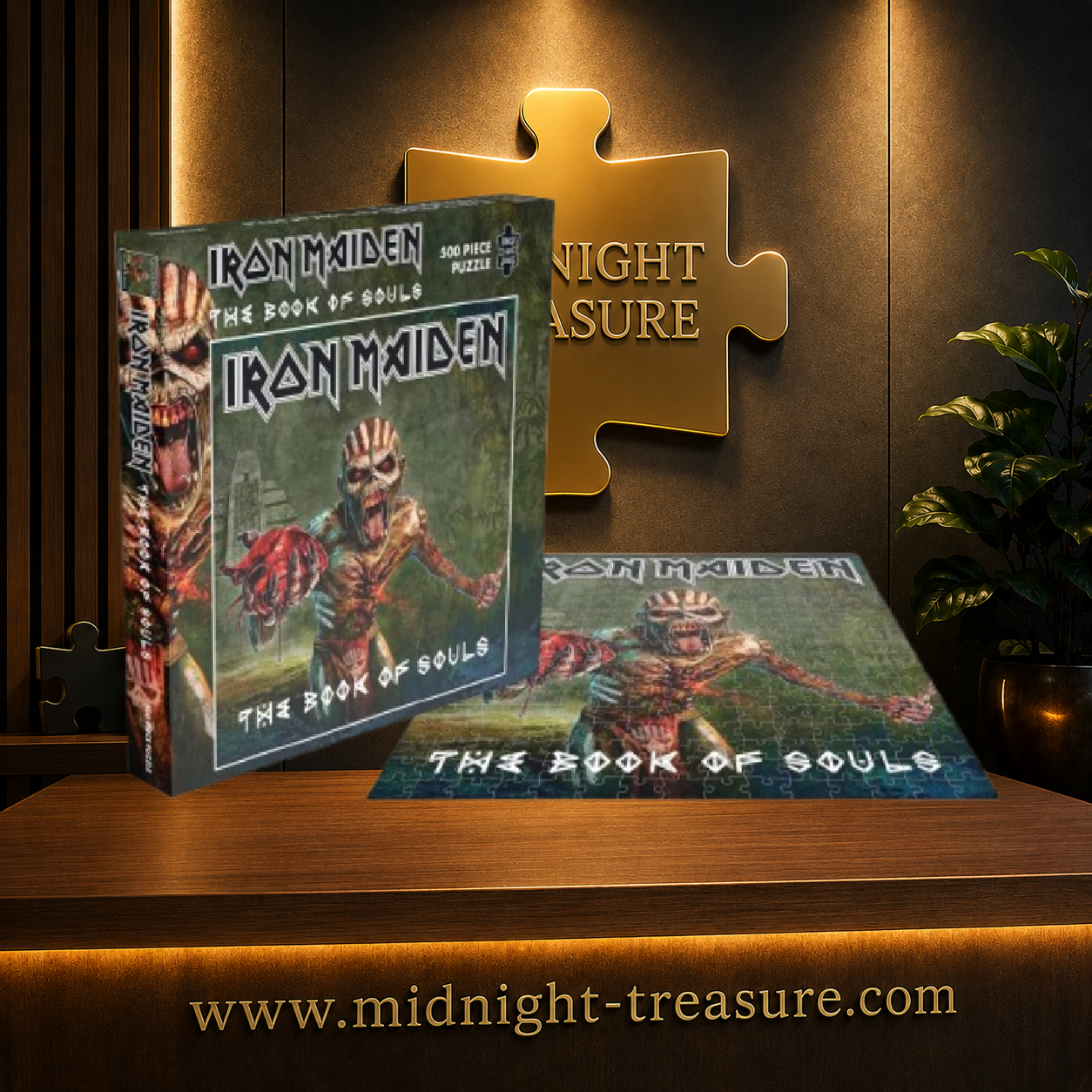 Puzzle Iron Maiden The Book of Souls Rock Saws – 500 pièces – 41 x 41 cm. Reproduction officielle de la pochette de l’album avec Eddie scarifié, les yeux rouges et la main tendue dans une ambiance sombre inspirée de l’imagerie maya.