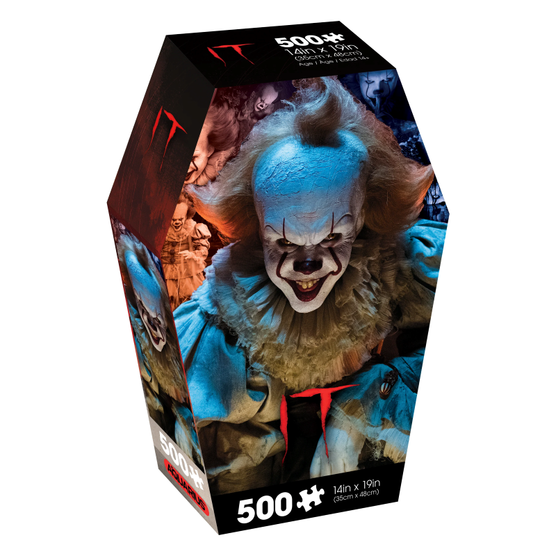 Puzzle IT – Pennywise – Coffret cercueil – 500 pièces – 48 x 35 cm – Aquarius. Illustration terrifiante du clown Pennywise. Un puzzle collector unique pour les fans de Stephen King et d’horreur.


