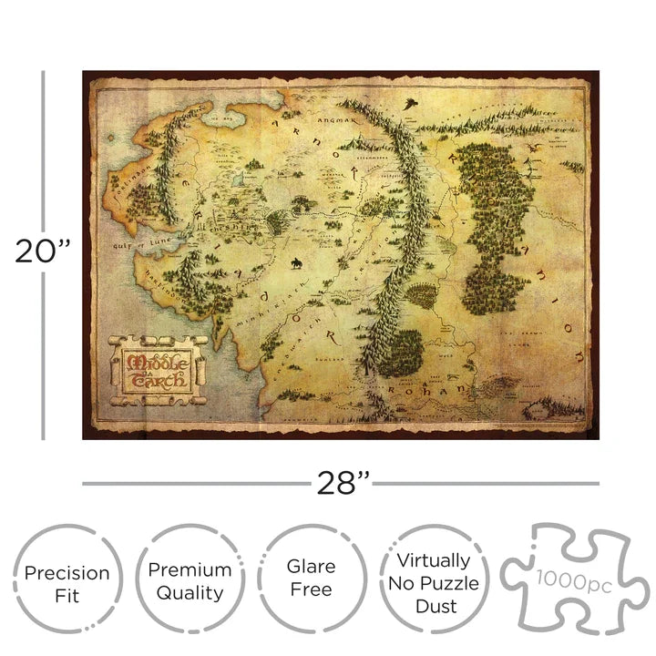 Puzzle Le Hobbit – Carte de la Terre du Milieu – 1000 pièces – 51 x 71 cm. Puzzle collector Aquarius sous licence officielle avec illustration vintage de la carte.