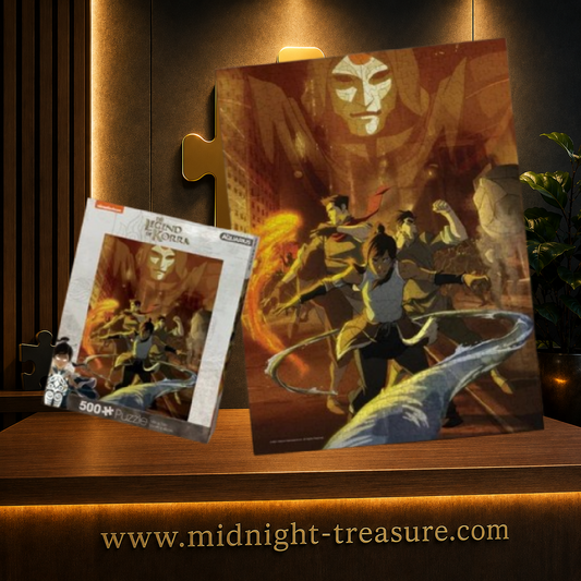 Puzzle La Légende de Korra – 500 pièces Aquarius – 35 x 48 cm. Illustration montrant Korra et plusieurs maîtres en pleine action devant la statue monumentale d’Aang à Republic City.