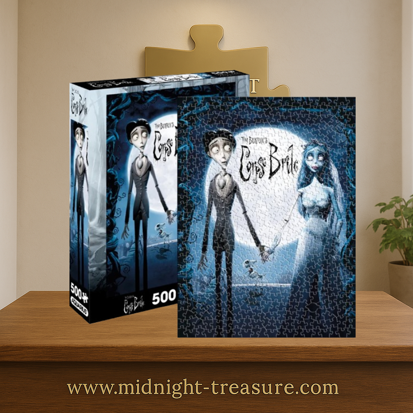 Puzzle Les Noces Funèbres – 500 pièces – 35 x 48 cm – Illustration de Victor et Emily sous la lune dans le style gothique de Tim Burton. Puzzle collector sous licence officielle.