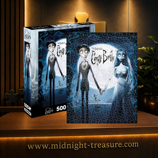 Puzzle Les Noces Funèbres – 500 pièces – 35 x 48 cm – Illustration de Victor et Emily sous la lune dans le style gothique de Tim Burton. Puzzle collector sous licence officielle.