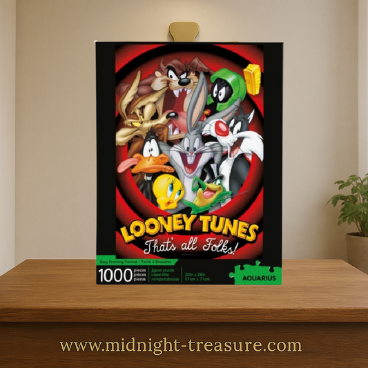Puzzle Looney Tunes â Thatâs All Folks! â 1000 piĂšces â 51 x 71 cm. Illustration officielle avec Bugs Bunny, Daffy Duck, Titi, Sylvestre et les personnages emblĂ©matiques. Puzzle collector Aquarius.