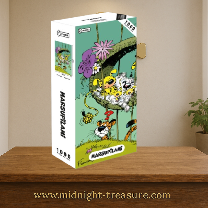 Puzzle Marsupilami – Poster + Puzzle 1000 pièces – 48 x 68 cm. Illustration officielle représentant le Marsupilami, sa famille et leurs petits dans un nid suspendu au cœur de la jungle de Palombie.