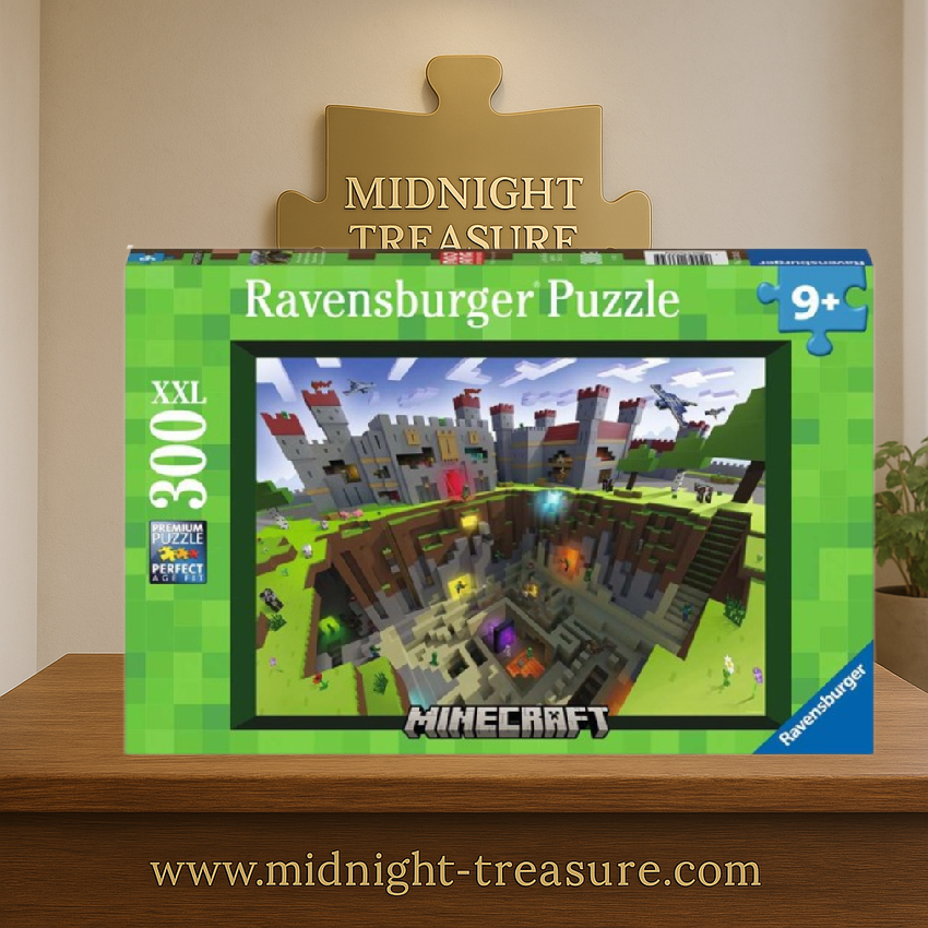 Puzzle Minecraft – 300 pièces XXL – Ravensburger. Illustration officielle avec château, mine et créatures iconiques du jeu. Puzzle enfant dès 9 ans.