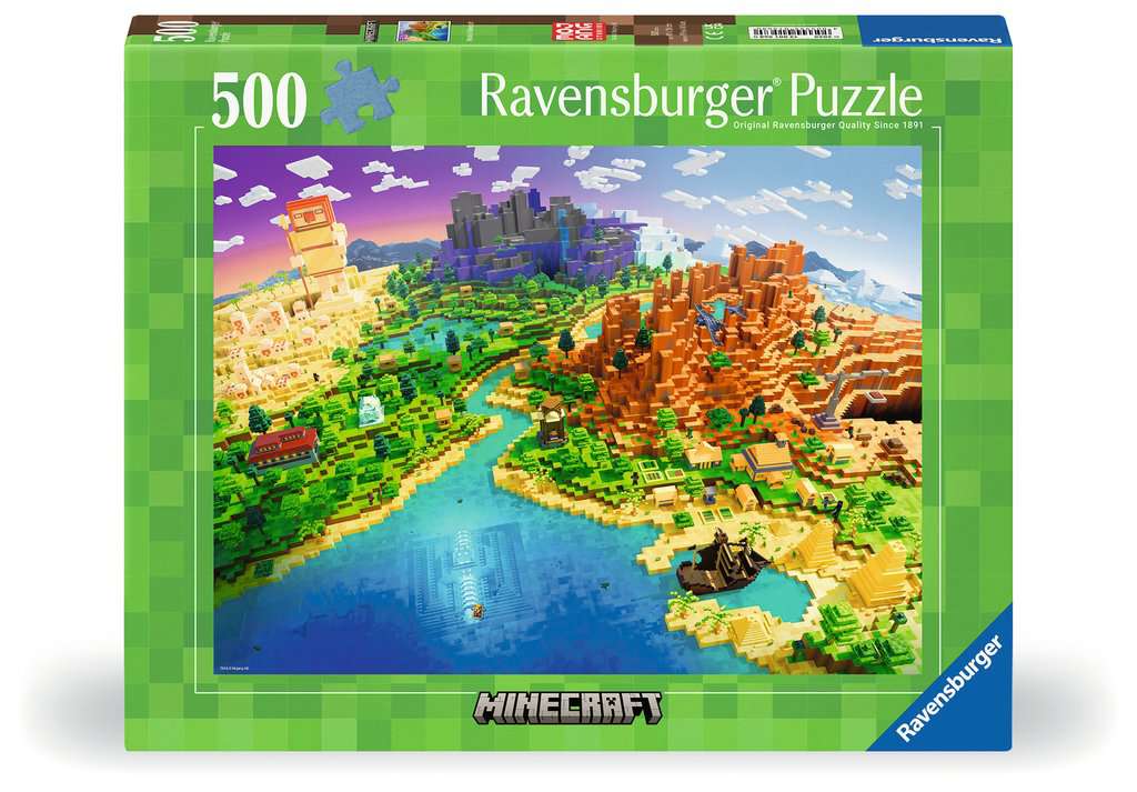 Puzzle Minecraft – Monde Cubique – 500 pièces – 49 x 36 cm – Ravensburger. Paysage pixelisé avec villages, temples, pyramides, navire échoué et monument sous-marin. Un puzzle coloré et détaillé idéal pour les fans de Minecraft.