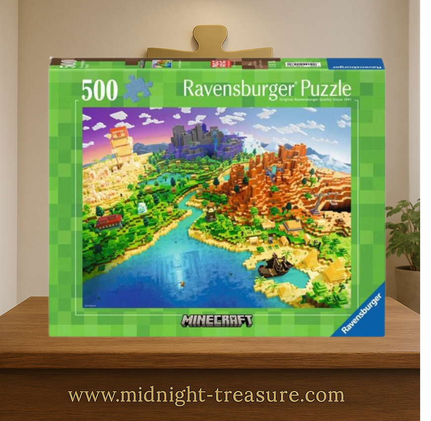 Puzzle Minecraft – Monde Cubique – 500 pièces – 49 x 36 cm – Ravensburger. Paysage pixelisé avec villages, temples, pyramides, navire échoué et monument sous-marin. Un puzzle coloré et détaillé idéal pour les fans de Minecraft.