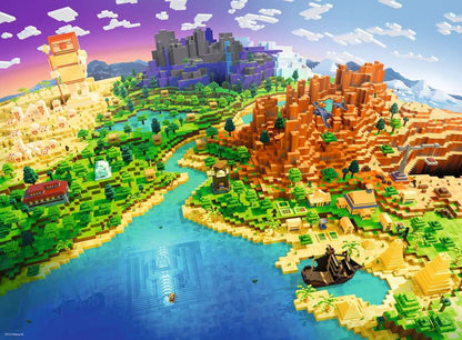 Puzzle Minecraft – Monde Cubique – 500 pièces – 49 x 36 cm – Ravensburger. Paysage pixelisé avec villages, temples, pyramides, navire échoué et monument sous-marin. Un puzzle coloré et détaillé idéal pour les fans de Minecraft.