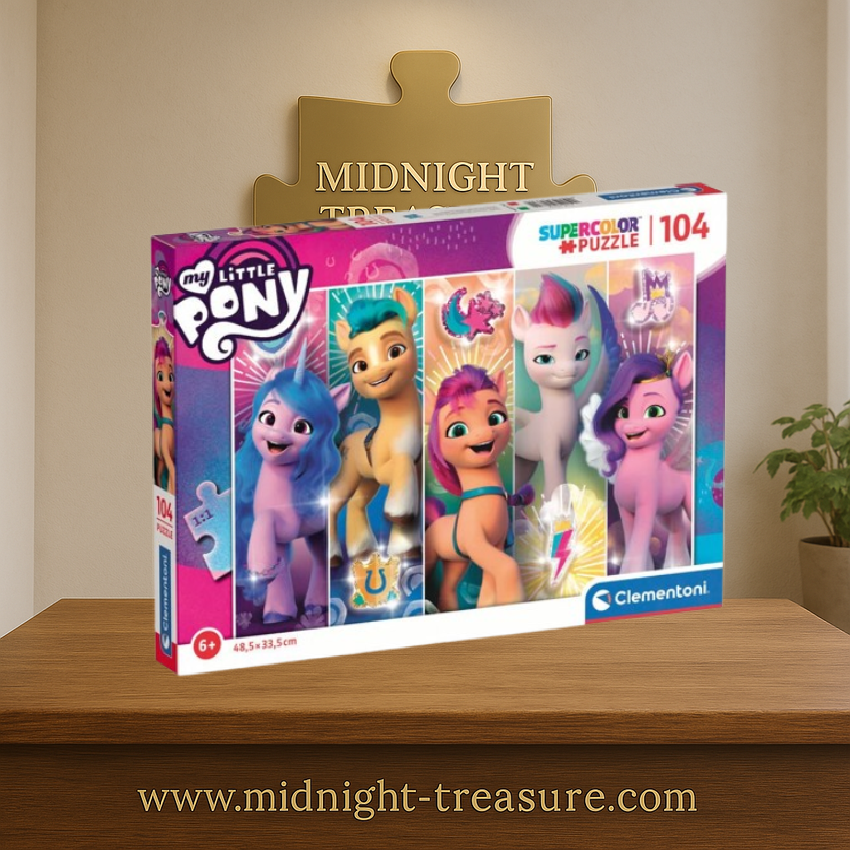 Puzzle My Little Pony – 104 pièces – 48,5 x 33,5 cm – Clementoni. Illustration colorée avec les poneys emblématiques. Un puzzle idéal pour les enfants et fans de la série.