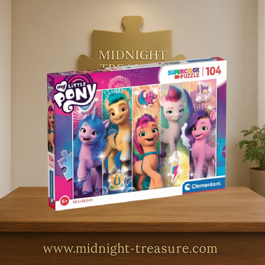 Puzzle My Little Pony – 104 pièces – 48,5 x 33,5 cm – Clementoni. Illustration colorée avec les poneys emblématiques. Un puzzle idéal pour les enfants et fans de la série.