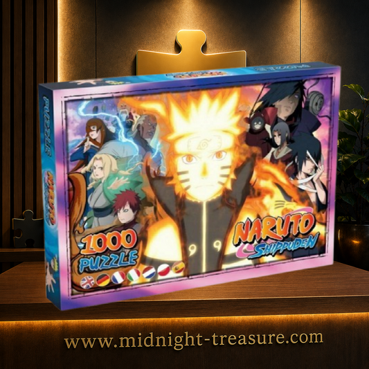 Puzzle Naruto Shippuden La Grande Guerre Ninja Winning Moves – 1000 pièces avec poster, représentant Naruto en mode chakra de Kyûbi entouré des Kage, de Madara, Tobi, Sasuke, Itachi, Kabuto et des principaux protagonistes de la Quatrième Grande Guerre Ninja.