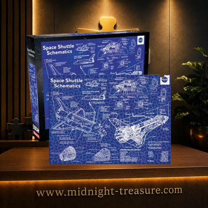 Puzzle NASA Space Shuttle Schematics – 500 pièces Aquarius – 35 x 48 cm. Illustration façon blueprint bleu présentant les plans, structures et différents éléments techniques de la navette spatiale NASA.