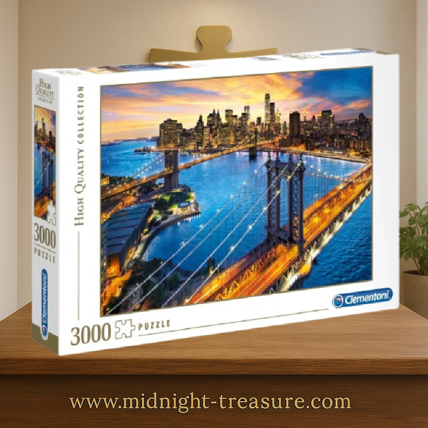 Puzzle New York Skyline – 3000 pièces – Clementoni. Vue panoramique de Manhattan au coucher du soleil avec ponts et gratte-ciels. Un puzzle grand format pour les fans de voyages et d’architecture.