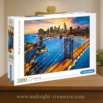 Puzzle New York Skyline – 3000 pièces – Clementoni. Vue panoramique de Manhattan au coucher du soleil avec ponts et gratte-ciels. Un puzzle grand format pour les fans de voyages et d’architecture.