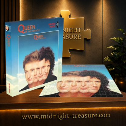 Puzzle Queen The Miracle – Puzzle Album 500 pièces Rock Saws – 41 x 41 cm. Reproduction de la célèbre pochette de l’album de 1989 montrant les visages des quatre membres de Queen fusionnés en un seul portrait.