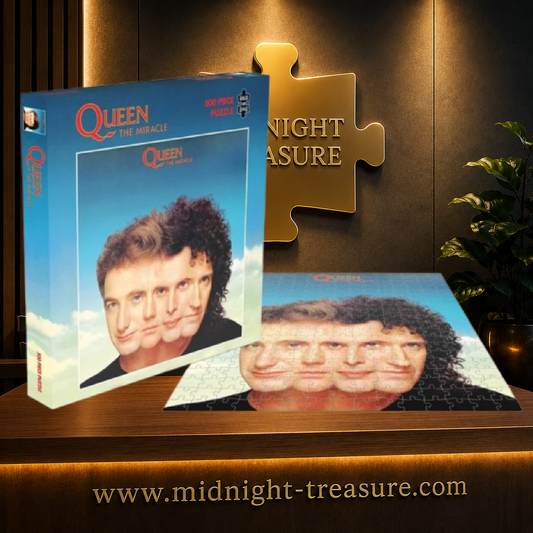 Puzzle Queen The Miracle – Puzzle Album 500 pièces Rock Saws – 41 x 41 cm. Reproduction de la célèbre pochette de l’album de 1989 montrant les visages des quatre membres de Queen fusionnés en un seul portrait.