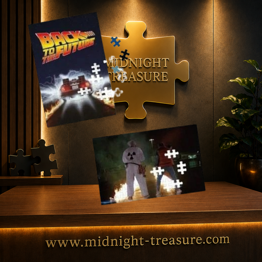 Puzzle Retour vers le Futur Double-Sided – 250 pièces. Puzzle officiel recto-verso comprenant l'affiche emblématique de Back to the Future et une scène culte avec Marty McFly, Doc Brown et la DeLorean.