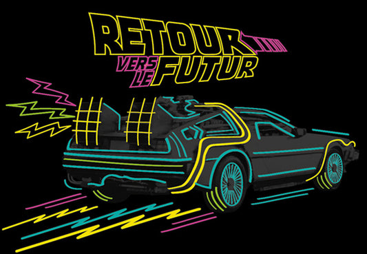 Puzzle 1000 pièces Retour Vers Le Futur – Design néon futuriste de la DeLorean sur fond noir.