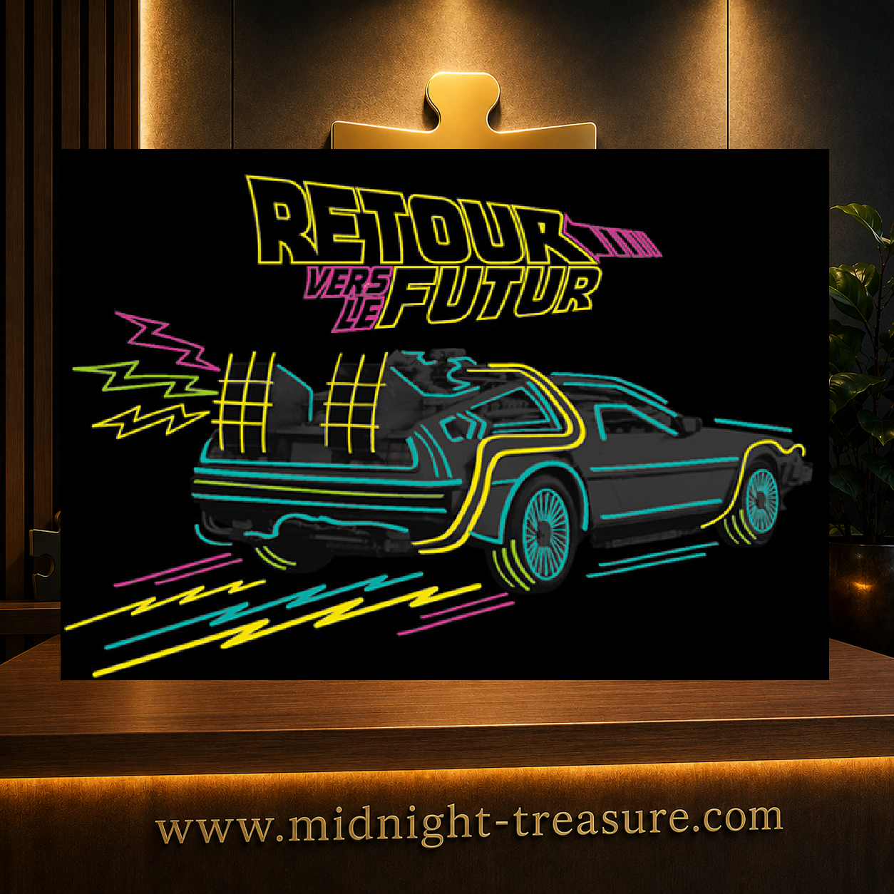 Puzzle 1000 pièces Retour Vers Le Futur – Design néon futuriste de la DeLorean sur fond noir.