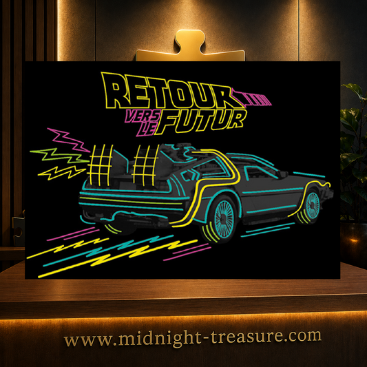 Puzzle 1000 pièces Retour Vers Le Futur – Design néon futuriste de la DeLorean sur fond noir.