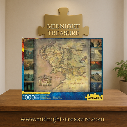 Puzzle Le Seigneur des Anneaux – Carte de la Terre du Milieu – 1000 pièces – 51 x 71 cm. Puzzle collector Aquarius sous licence officielle avec carte détaillée et scènes emblématiques.