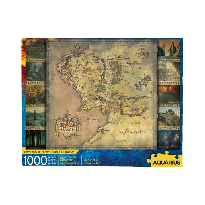 Puzzle Le Seigneur des Anneaux – Carte de la Terre du Milieu – 1000 pièces – 51 x 71 cm. Puzzle collector Aquarius sous licence officielle avec carte détaillée et scènes emblématiques.