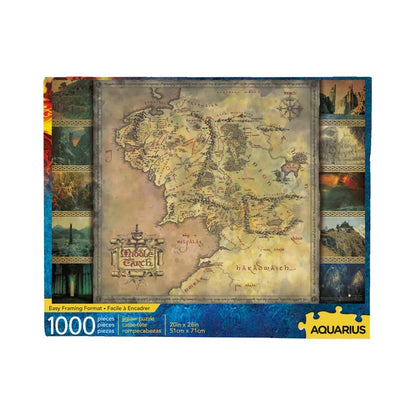 Puzzle Le Seigneur des Anneaux – Carte de la Terre du Milieu – 1000 pièces – 51 x 71 cm. Puzzle collector Aquarius sous licence officielle avec carte détaillée et scènes emblématiques.