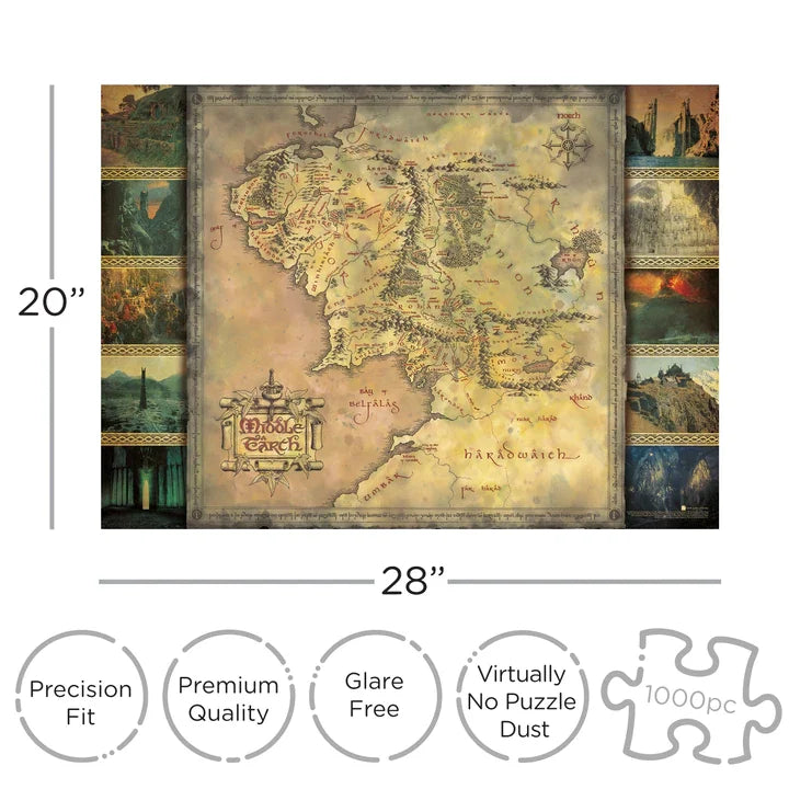 Puzzle Le Seigneur des Anneaux – Carte de la Terre du Milieu – 1000 pièces – 51 x 71 cm. Puzzle collector Aquarius sous licence officielle avec carte détaillée et scènes emblématiques.