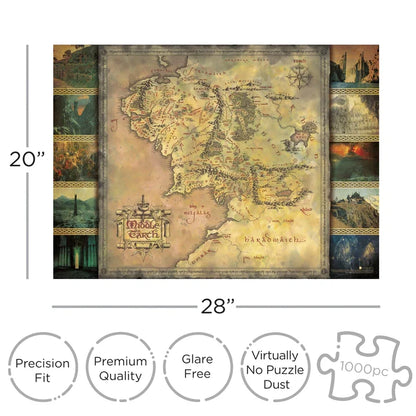 Puzzle Le Seigneur des Anneaux – Carte de la Terre du Milieu – 1000 pièces – 51 x 71 cm. Puzzle collector Aquarius sous licence officielle avec carte détaillée et scènes emblématiques.