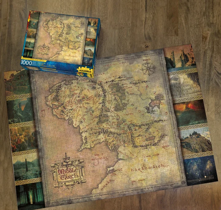 Puzzle Le Seigneur des Anneaux – Carte de la Terre du Milieu – 1000 pièces – 51 x 71 cm. Puzzle collector Aquarius sous licence officielle avec carte détaillée et scènes emblématiques.